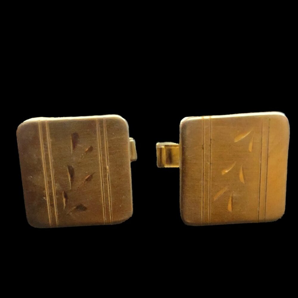 Vintage Etched Design Texture Gold Tone Square Cufflinks Cuff Links